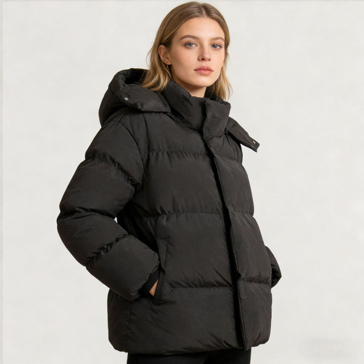 Women's Padded Oversized Quilted Jacket with Hood and High Stand Collar Mune Fashion