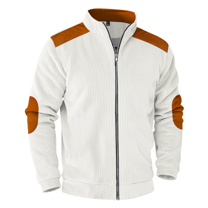 Men's ribbed stand-up collar sweat jacket with full zip, shoulder and elbow patches Mune Fashion