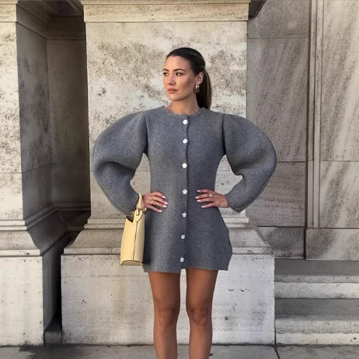 Women's knitted mini dress cardigan with voluminous balloon sleeves and decorative button placket Mune Fashion