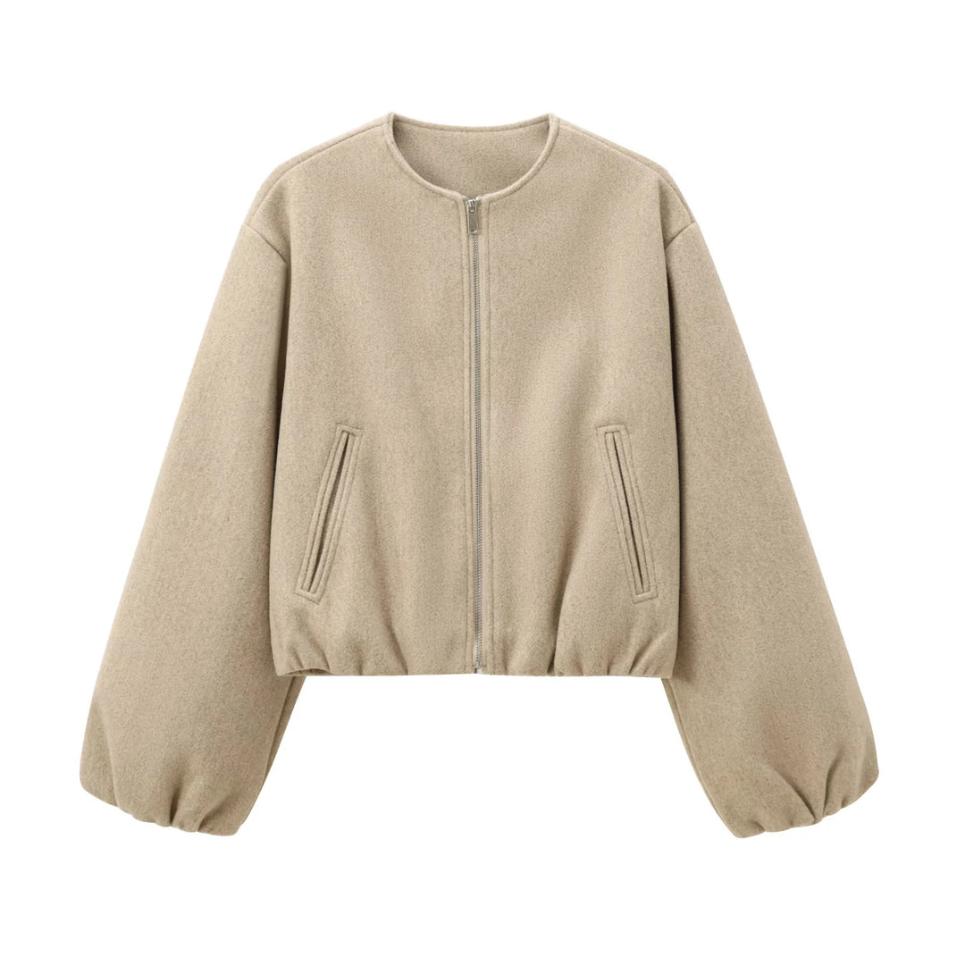 Women nan cast-cut wool bomber jacket with round neckline, continuous zipper, piped side pockets and elastic hem Mune Fashion
