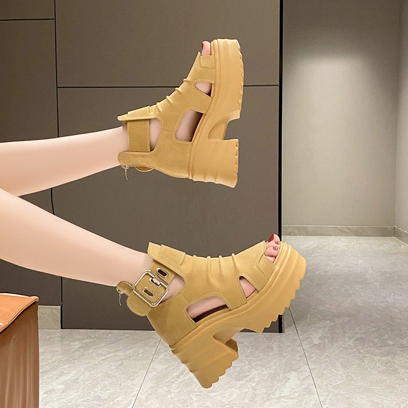 Women's platform sandals-ankle boots with cutouts open toe area and adjustable metal buckle Mune Fashion