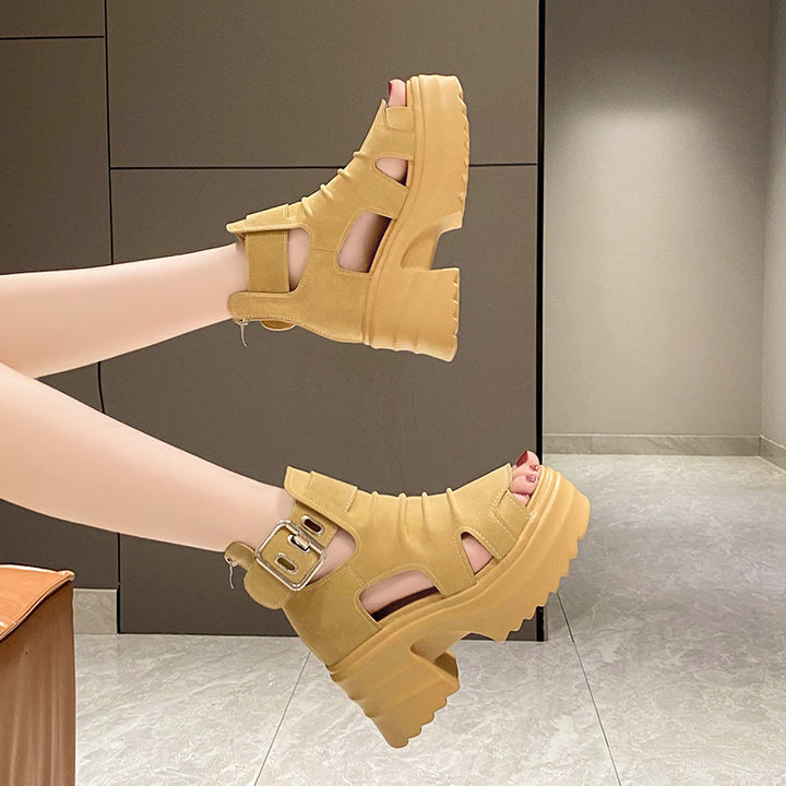 Women's platform sandals-ankle boots with cutouts open toe area and adjustable metal buckle Mune Fashion