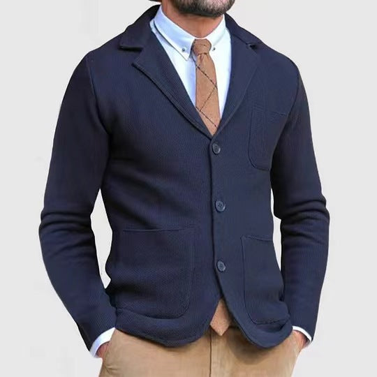Men's Knitted Blazer with Button Placket and Practical Pockets Mune