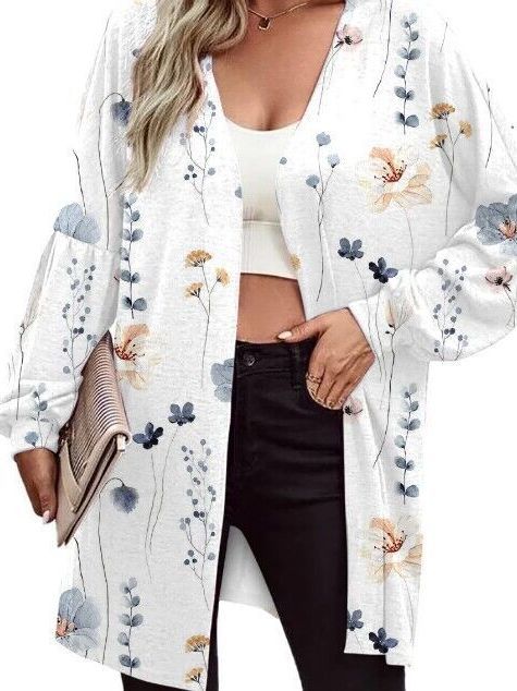 Women Lightweight Open Long Cardigan with Feather Motif and Oversized Sleeves Mune Fashion