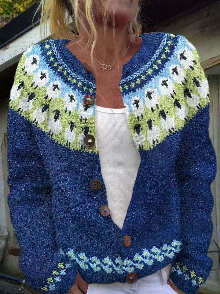 Women's patterned cardigan with round yoke, wooden buttons, and welt pockets Mune Fashion
