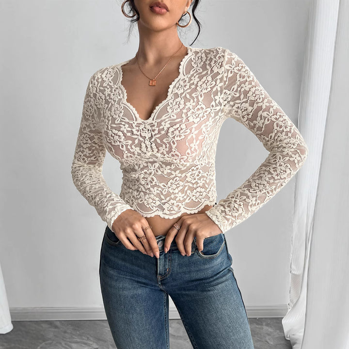 Women’s figure-hugging cropped lace top with V-neck and long sleeves Mune Fashion