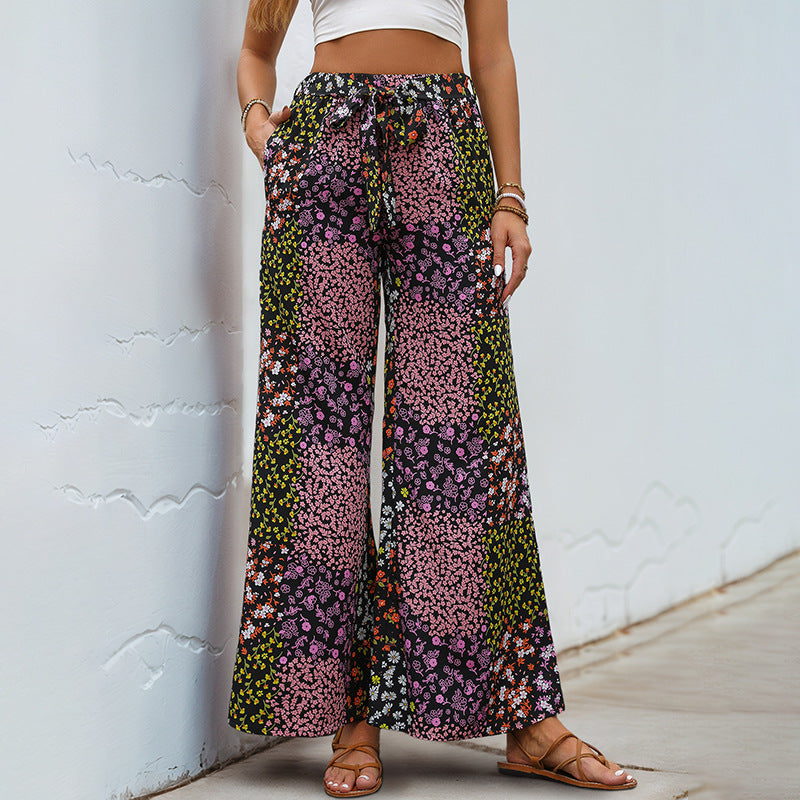 Women's Wide High-Waist Palazzo Pants with Floral Patchwork Print, Drawstring and Side Pockets Mune Fashion