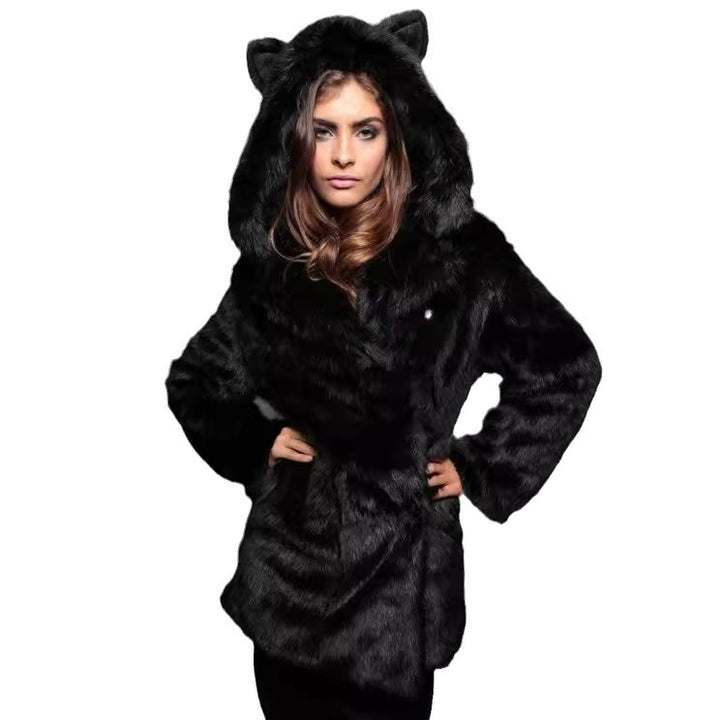 Women's Short Hooded Jacket made of vegan high-pile synthetic fur with cat ears and tailored silhouette Mune Fashion
