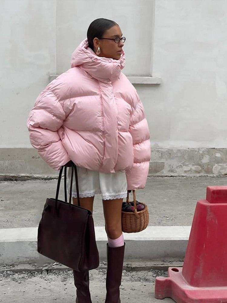 Women's short oversized quilted down jacket with hood and high stand-up collar Mune Fashion