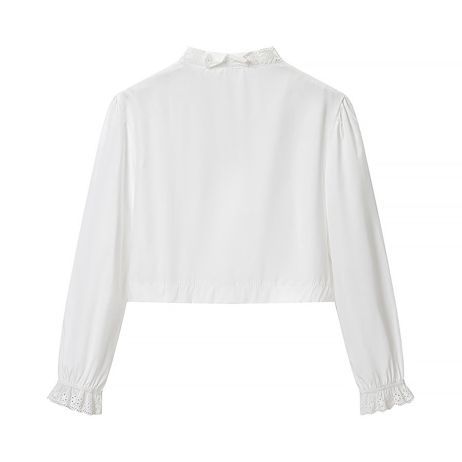 Women’s short blouse with embroidery anglaise trim, standing collar, and gathered waist Mune Fashion