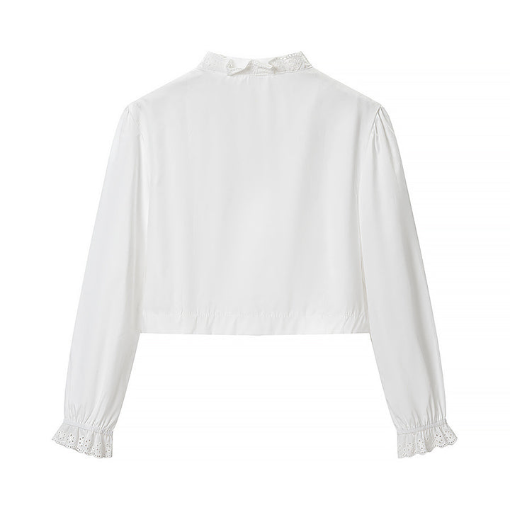 Women’s short blouse with embroidery anglaise trim, standing collar, and gathered waist Mune Fashion