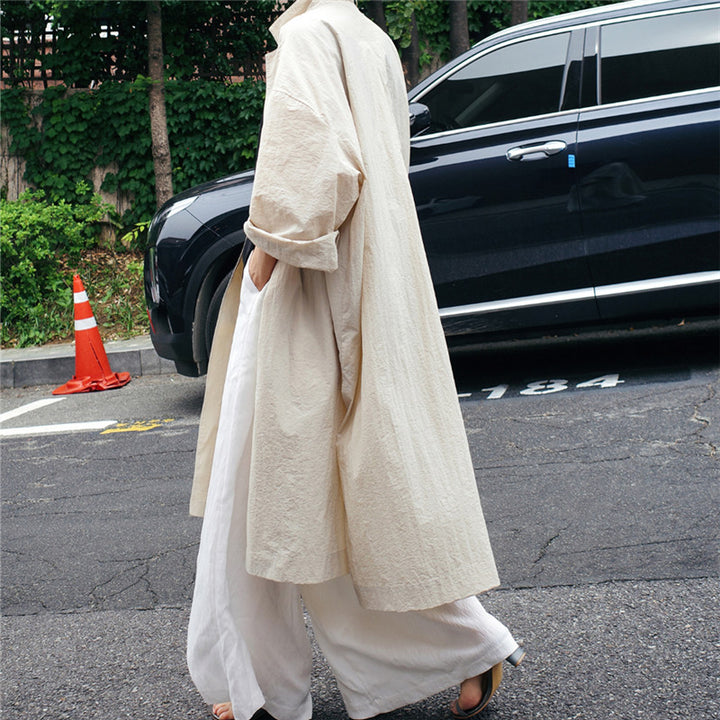 Ladies Lightweight Long Duster in Crinkle Look with Stand Collar, Deep Side Slits and Pockets Mune Fashion