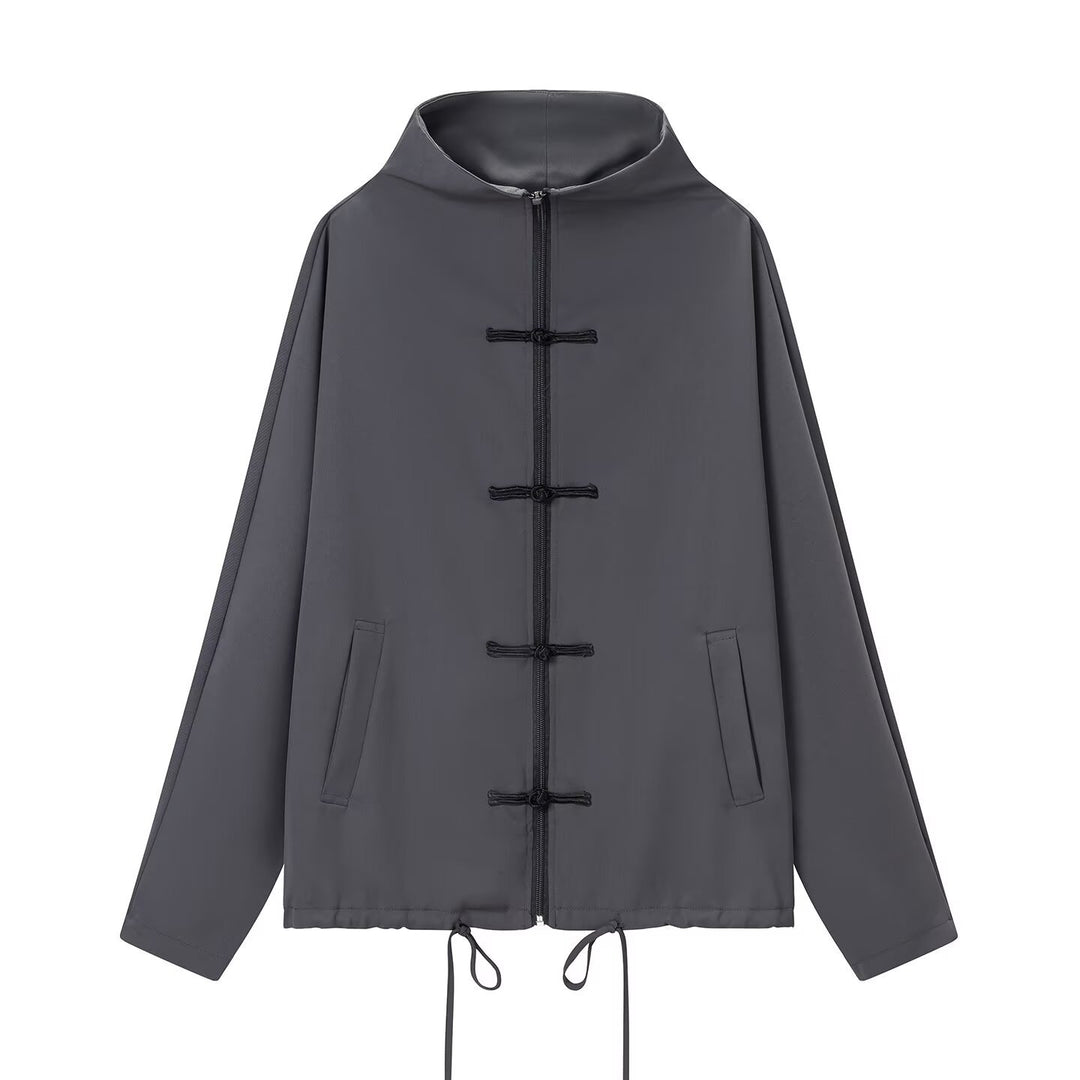 Women's lightweight boxy jacket with stand-up collar, zipper front, drawstring and decorative knot closures Mune Fashion