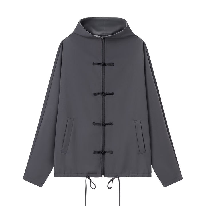 Women's lightweight boxy jacket with stand-up collar, zipper front, drawstring and decorative knot closures Mune Fashion