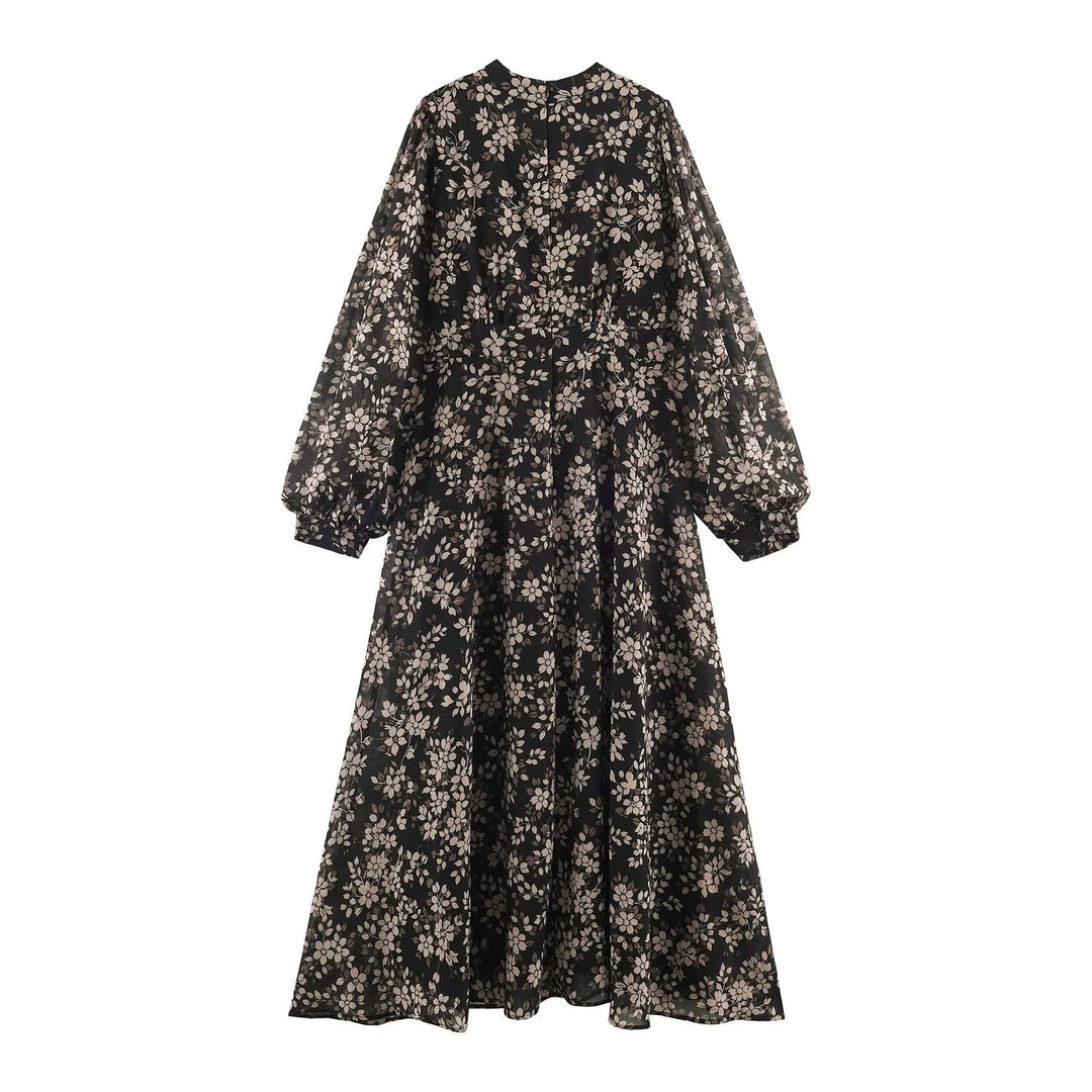 Women Floral Midi Dress with Pleated Top, Stand Collar and Balloon Sleeves Mune Fashion