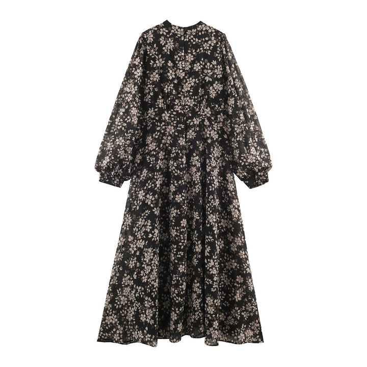 Women Floral Midi Dress with Pleated Top, Stand Collar and Balloon Sleeves Mune Fashion