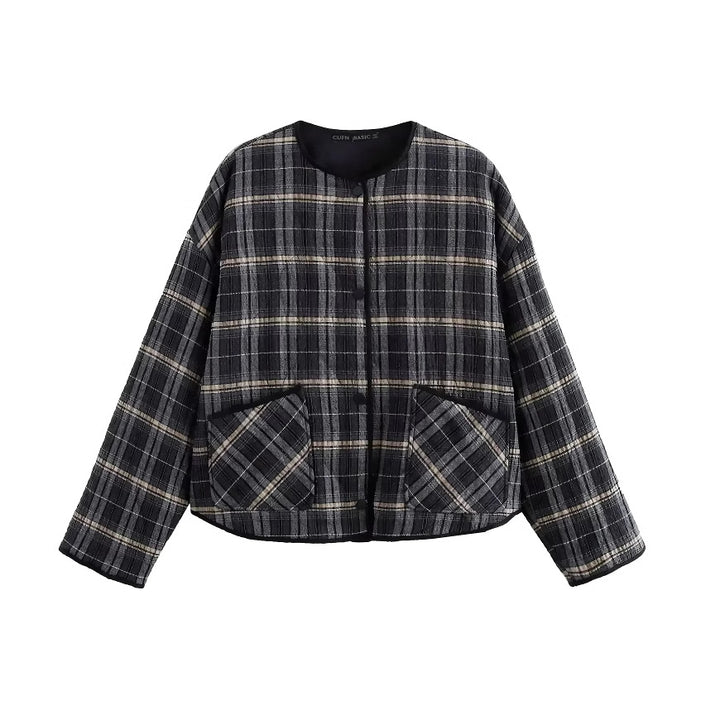 Women's quilted check jacket with round neck, light padding, and oversized patch pockets Mune Fashion