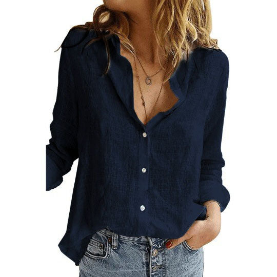 Women's loose linen blouse with star print V-neck buttoned front Mune Fashion