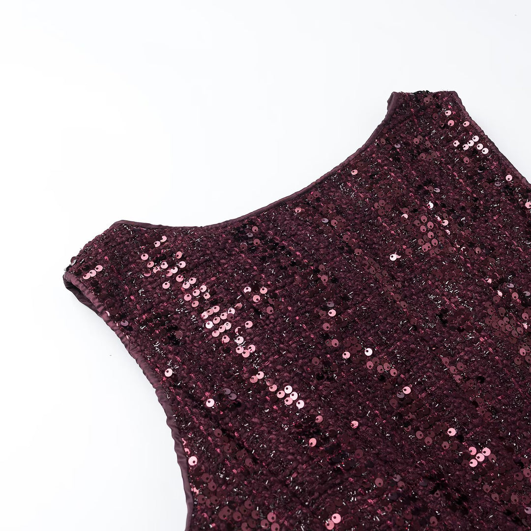 Women's Sequined Peplum Top with Round Neck and Figure-Flattering Waist Mune Fashion