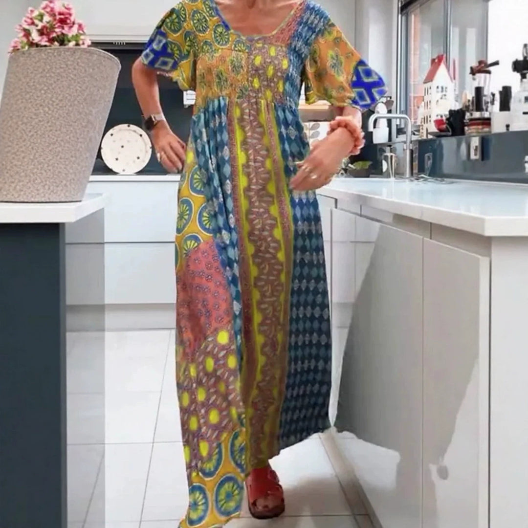 Women's Boho Max Dress with Smocked Top and Flowing Wide Skirt Mune Fashion