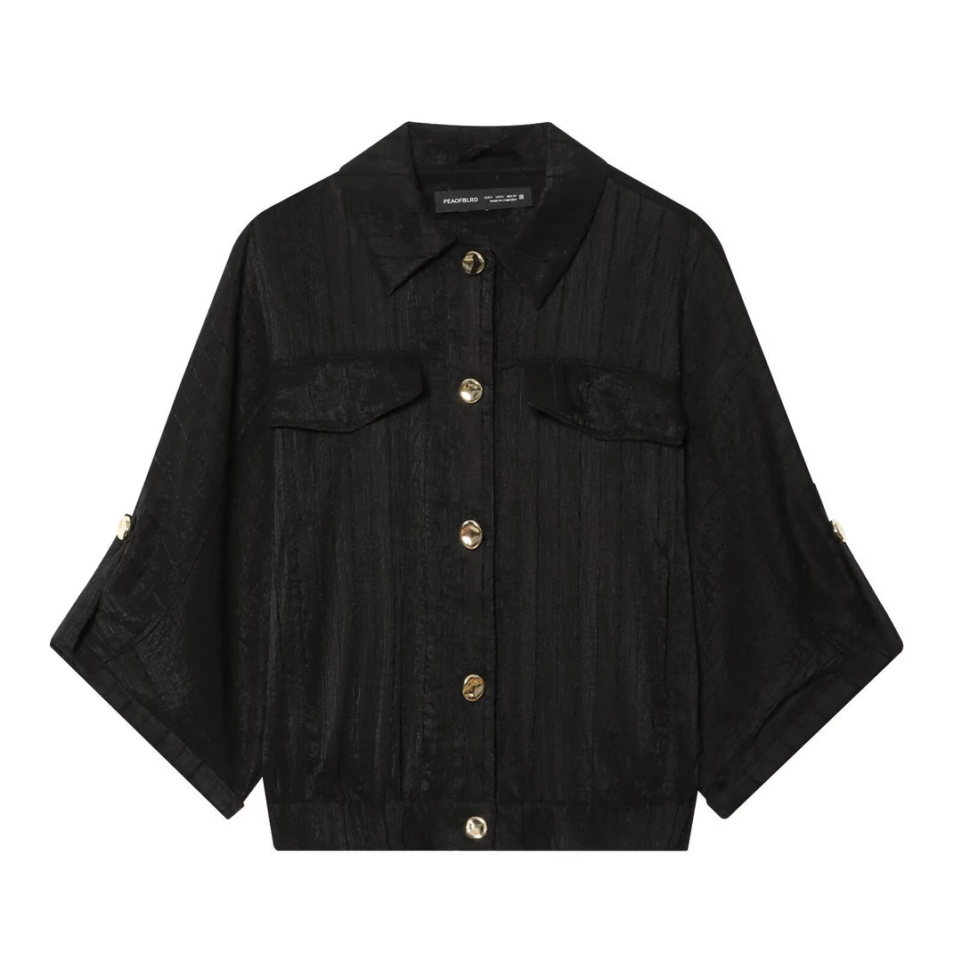 Women's Cropped Shirt Blouse with Batwing Sleeves, Breast Pockets and Elastic Waistband Mune Fashion