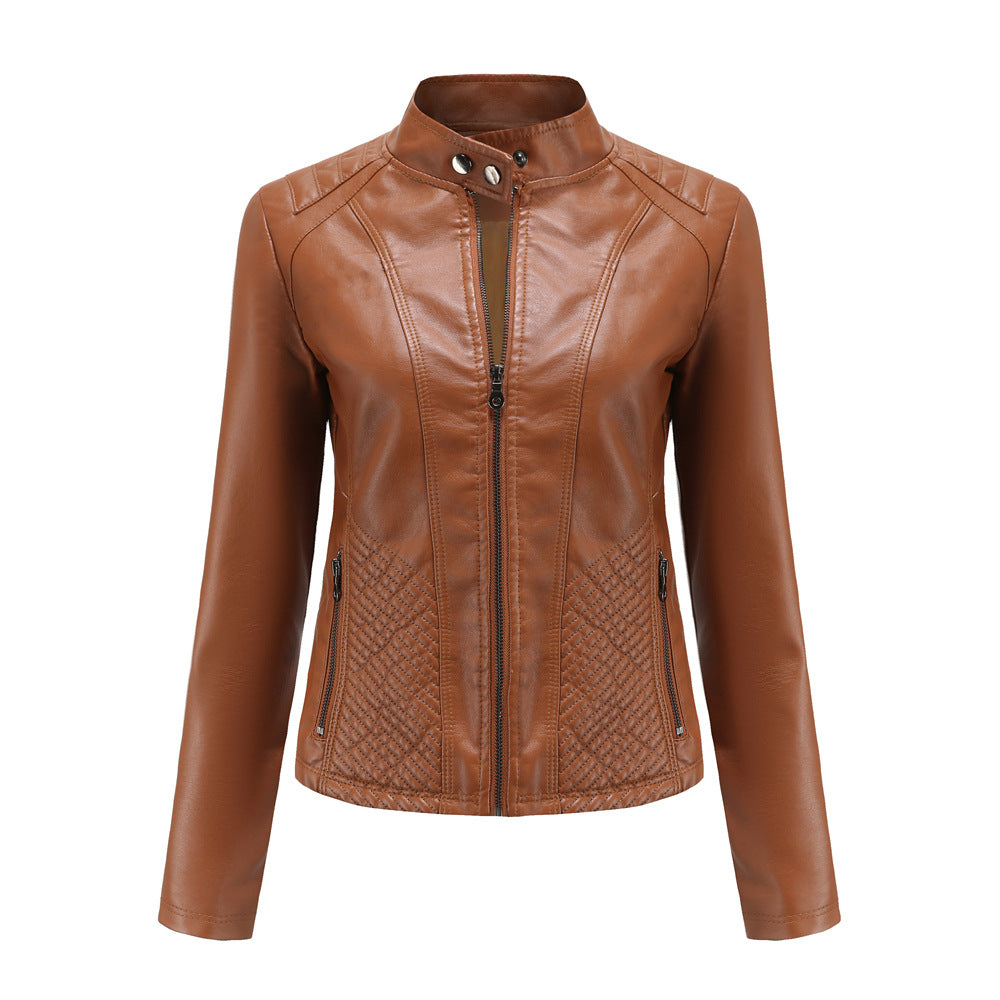 Women's fitted biker faux leather jacket with stand collar and quilted side panel Mune Fashion