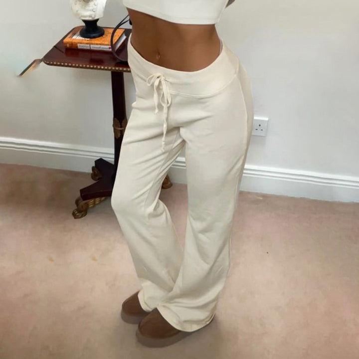Women's soft high-waist lounge pants made of cotton blend with elastic comfort waistband, drawstring, and straight leg Mune Fashion