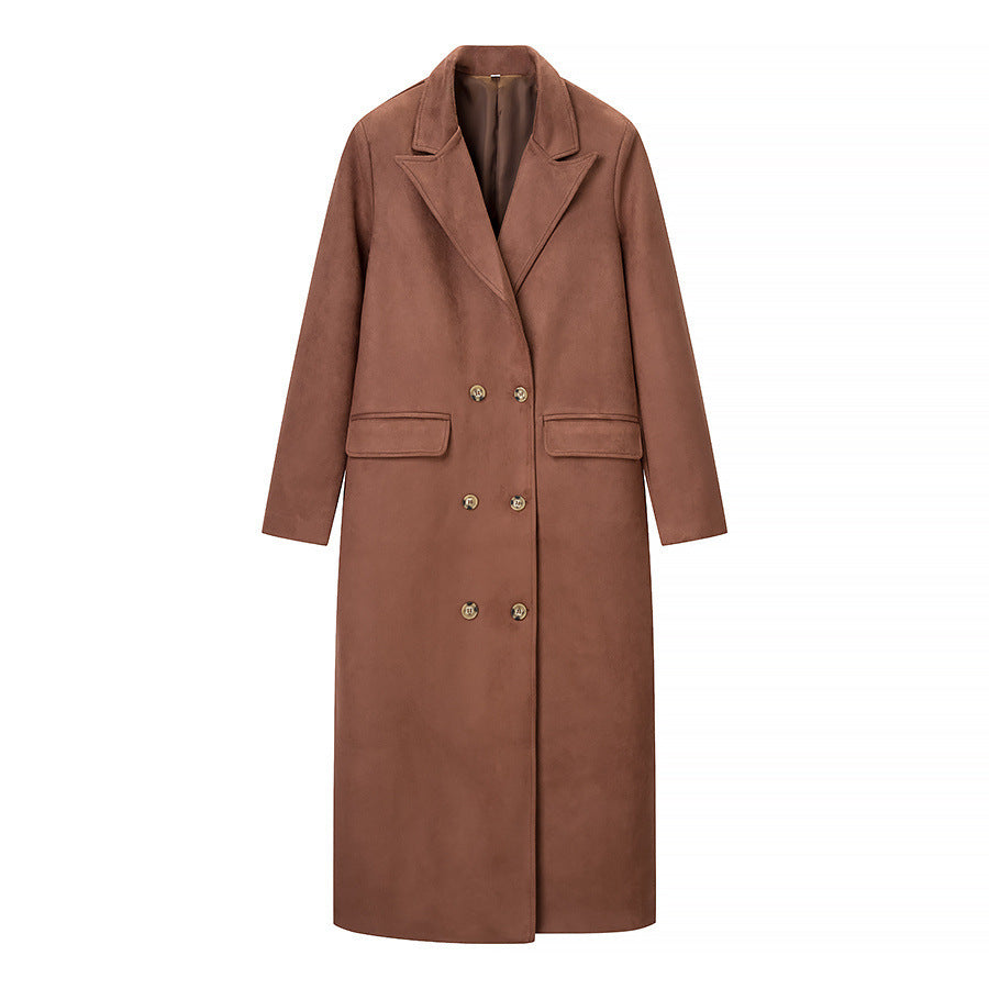 Women Double-breasted Wool-look Maxi Coat with Lapel Collar and Flap Pockets Mune Fashion