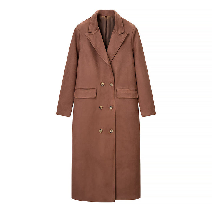 Women Double-breasted Wool-look Maxi Coat with Lapel Collar and Flap Pockets Mune Fashion