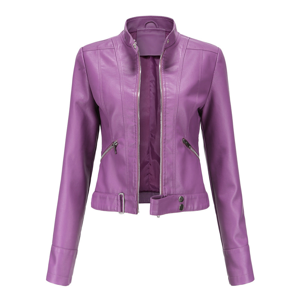 Women's short fitted faux leather jacket in racer style with stand-up collar and zip pockets Mune Fashion