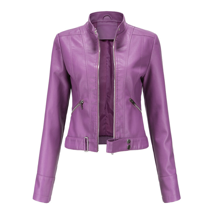 Women's short fitted faux leather jacket in racer style with stand-up collar and zip pockets Mune Fashion