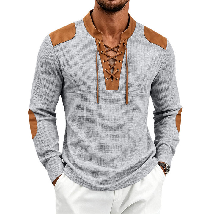 Men's Waffle Knit Long Sleeve Shirt with Laced Collar and Faux Leather Patches Mune Fashion
