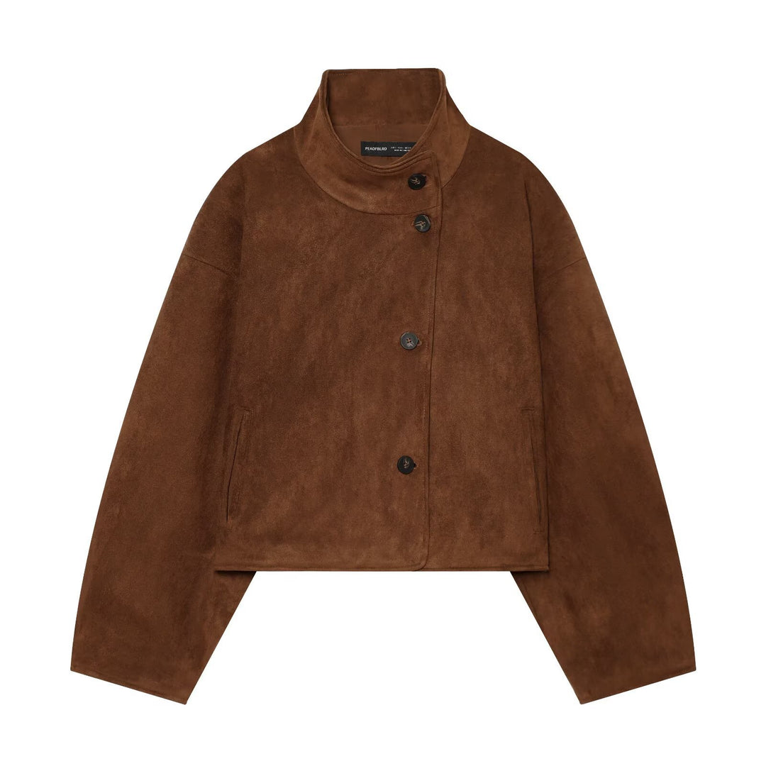Women's Boxy Short Jacket in Suede Look with High Stand-up Collar Mune Fashion