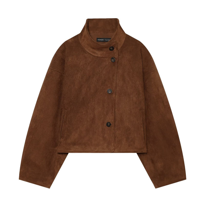 Women's Boxy Short Jacket in Suede Look with High Stand-up Collar Mune Fashion