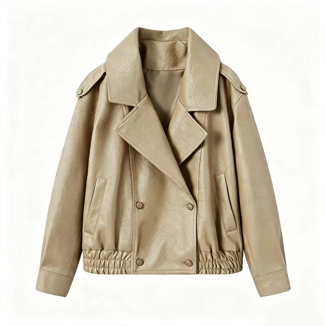 Women's cropped double-breasted faux leather blouson with wide collar and elastic hem Mune Fashion
