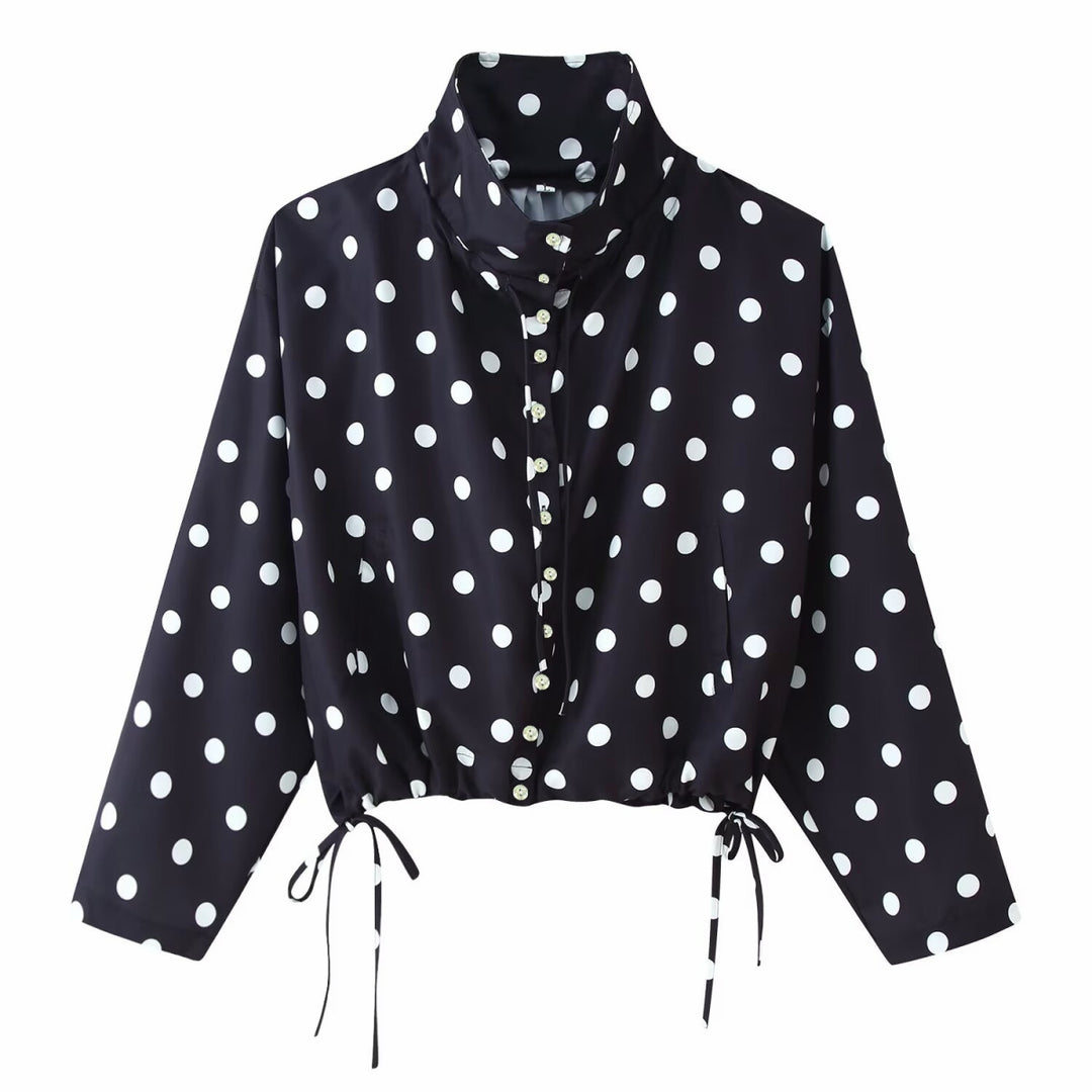 Women's Polka Dot Cropped Blouse with Stand Collar and Drawstring Hem Mune Fashion