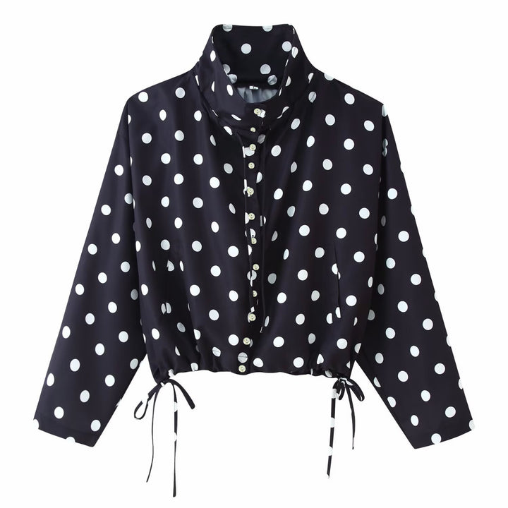 Women's Polka Dot Cropped Blouse with Stand Collar and Drawstring Hem Mune Fashion