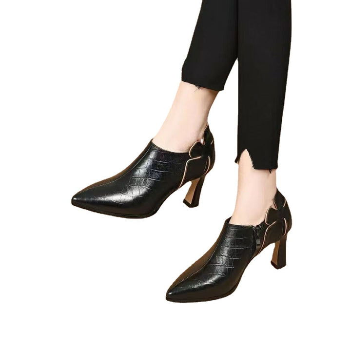 Ladies pointed toe ankle boots with crocodile embossing, side zipper and curved block heel Mune Fashion