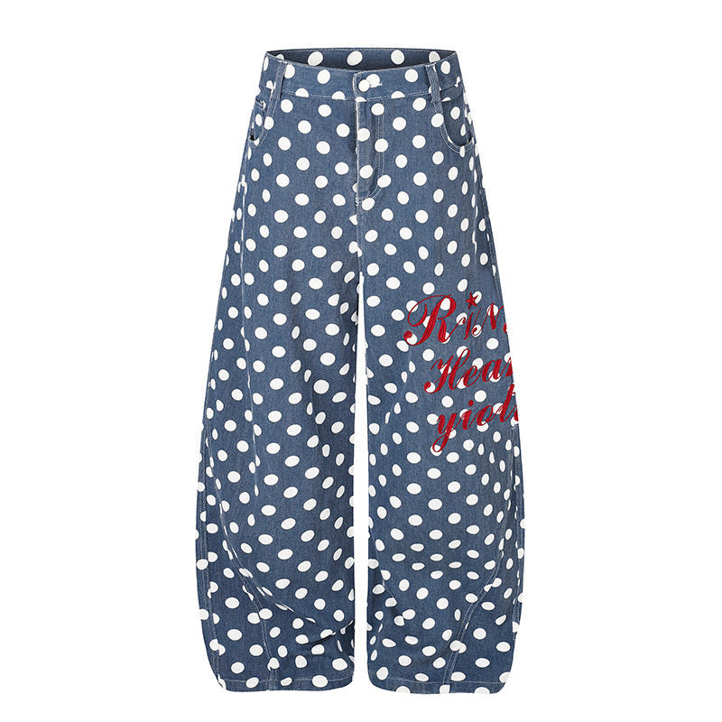 Women's Wide Culotte Jeans with Polka Dot, Balloon Shaped Hem and High Waist Mune Fashion