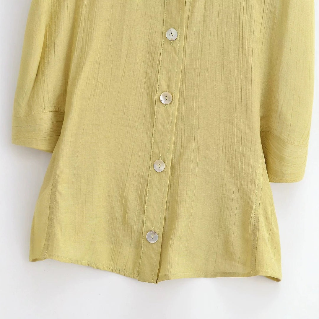 Women Lightweight Crinkle Blouse Shirt with Button Placket and Gathered Balloon Sleeves Mune Fashion