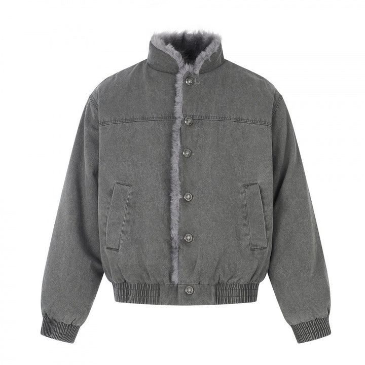 Men's short cut blouson jacket with faux fur lining, stand-up collar and elastic hem Mune Fashion