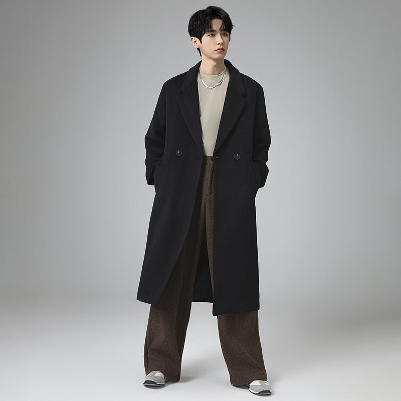 Men's Maxi-Length Wool Blend Coat with Concealed Button Placket and Draped Shawl Collar Mune Fashion