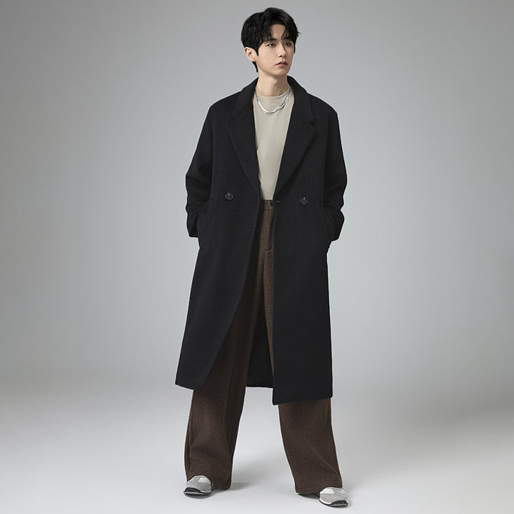 Men's Maxi-Length Wool Blend Coat with Concealed Button Placket and Draped Shawl Collar Mune Fashion