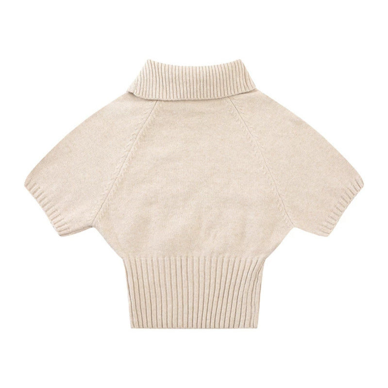 Women's Short-Sleeved Cable Knit Sweater Top with Stand Collar and Button Placket Mune Fashion