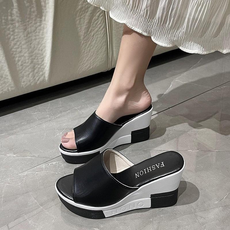 Women's slip-on sandals made of synthetic leather finish with open toe area, ergonomic wedge heel, and padded comfort footbed Mune Fashion