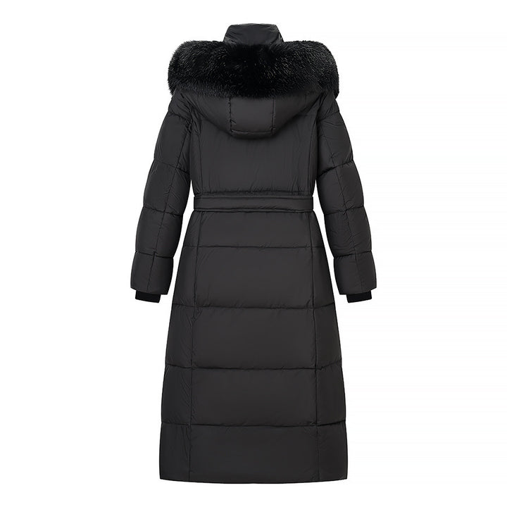 Women's Longer Quilted Down Coat with Hood, Faux Fur Trim and Waist Belt Mune Fashion