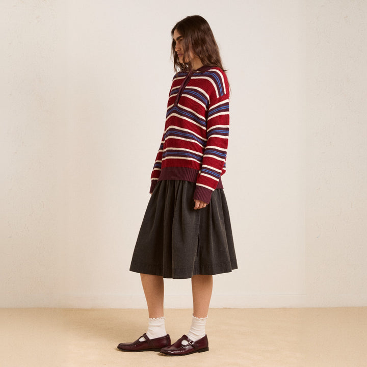 Women’s Oversize Knit Sweater with Polo Collar & Multi-layered Stripe Relief Mune Fashion