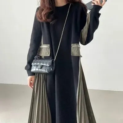 Women Long Oversize Sweat Dress with Round Neck, Pleated Side Inserts and Side Pockets Mune Fashion