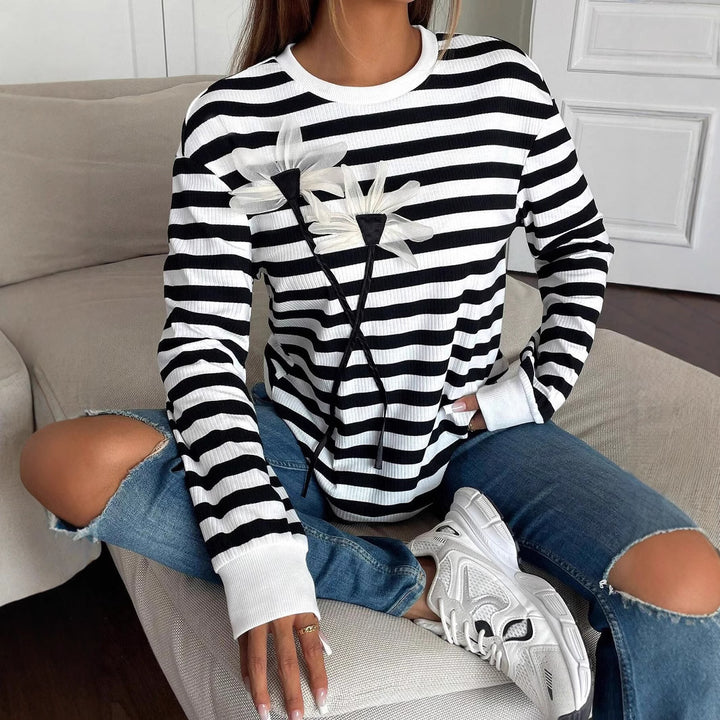 Women's striped rib long-sleeve shirt with three-dimensional flower appliqué and round neck Mune Fashion