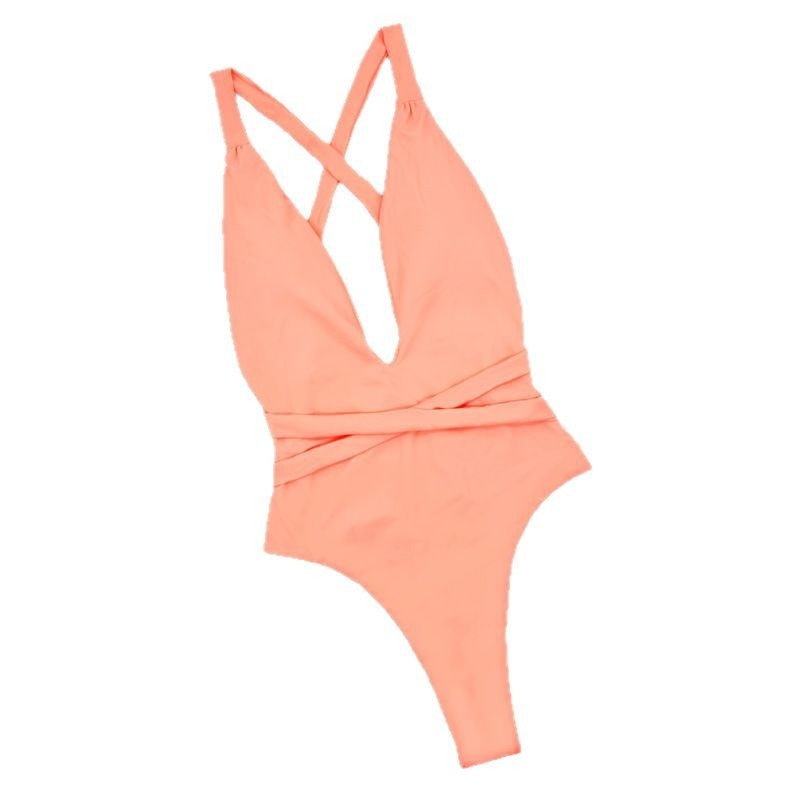 Women One-Piece Swimsuit with Deep V-Neck and Stylish Wrap Design Mune Fashion